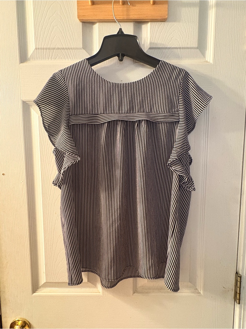 Monteau Black and White Striped Ruffle Sleeve Blouse